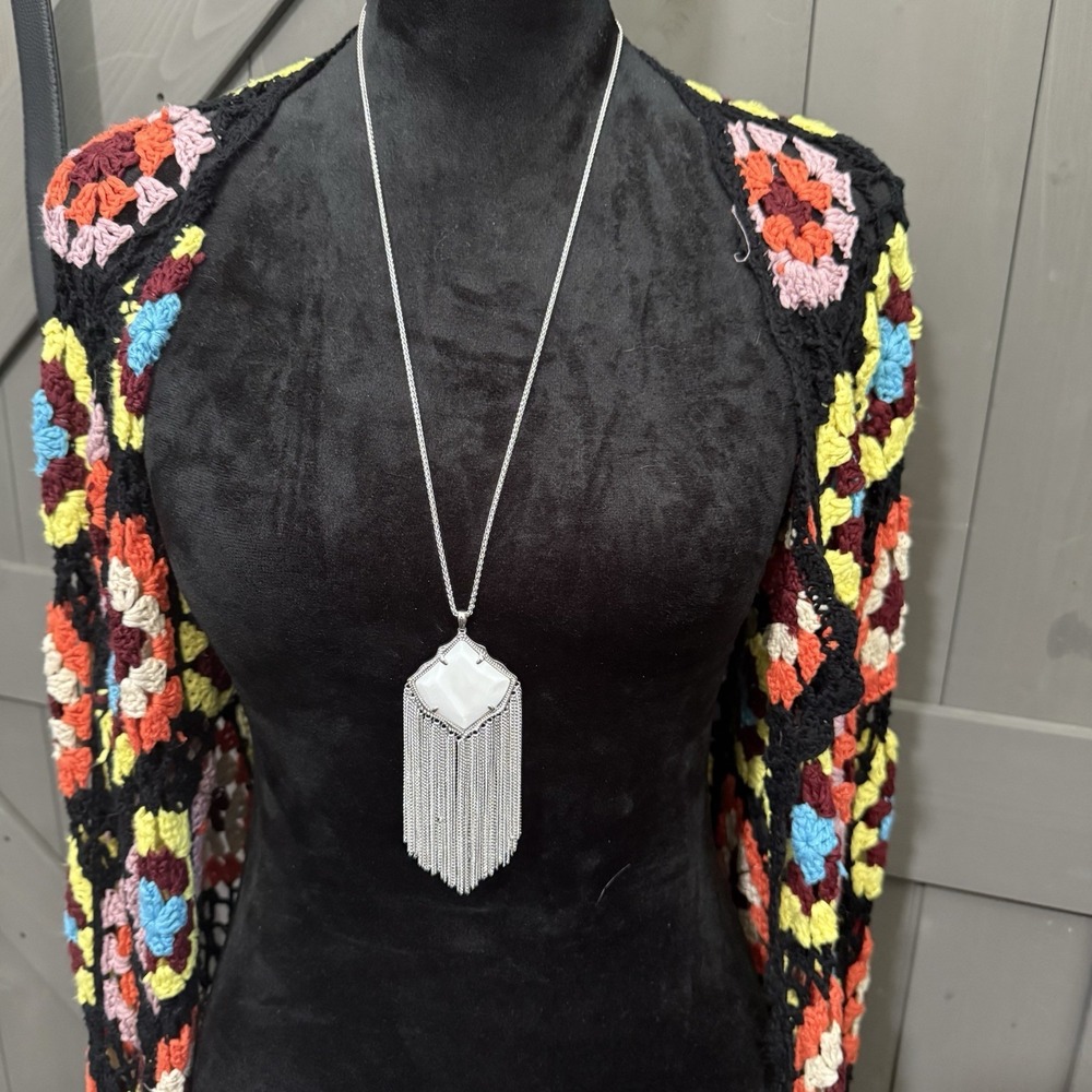 Kendra Scott Silver Tassel Necklace White Stone Pendant Adjustable + Pouch